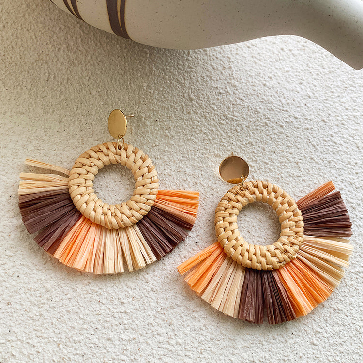 New Raffia Rattan Earrings Female Colorful Geometric Round Straw Earrings Earrings