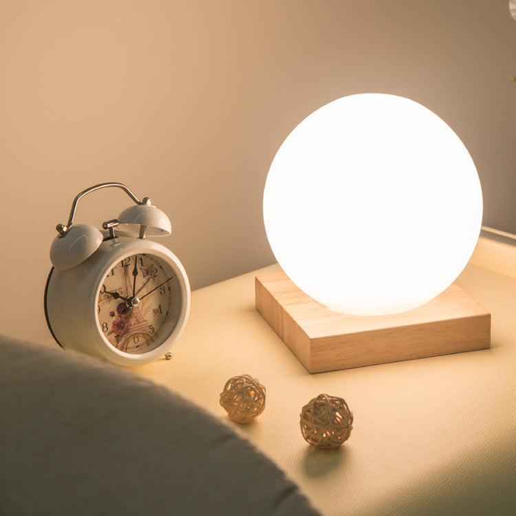 Milky White Glass Creative Dimming Ball Solid Wood Table Lamp