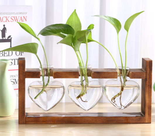 Glass Wood Vase Table Desktop Hydroponics Plant Stationery Bonsai Flower Pot Decoration Hanging Pots with Wooden Tray Pen Holder