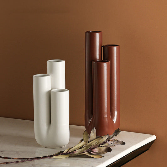 White and Brown Pipe Shape Porous Ceramic Vase