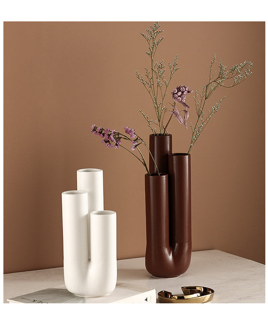 White and Brown Pipe Shape Porous Ceramic Vase