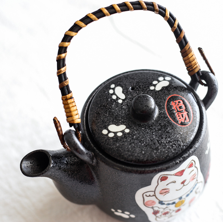 Creative Hand-painted Lucky Cat Ceramic Tea Set One Pot Four Cup Gift Set Home  Black Two