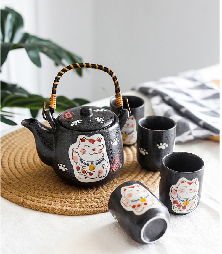 Creative Hand-painted Lucky Cat Ceramic Tea Set One Pot Four Cup Gift Set Home  Black Two