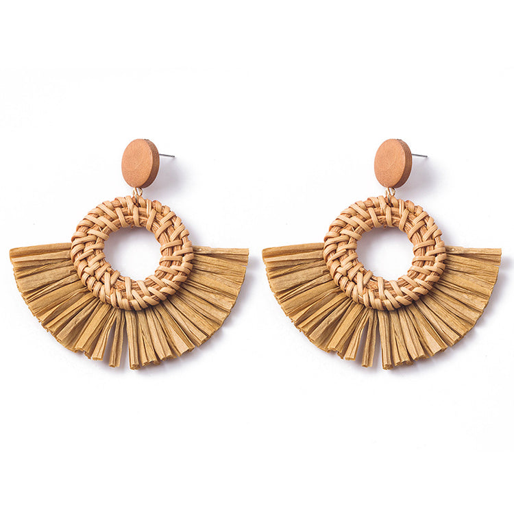 Handwoven Geometric Rattan Raffia Earrings Vintage Women