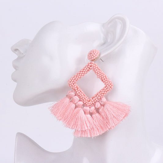 Square rice Bead Tassel Earrings