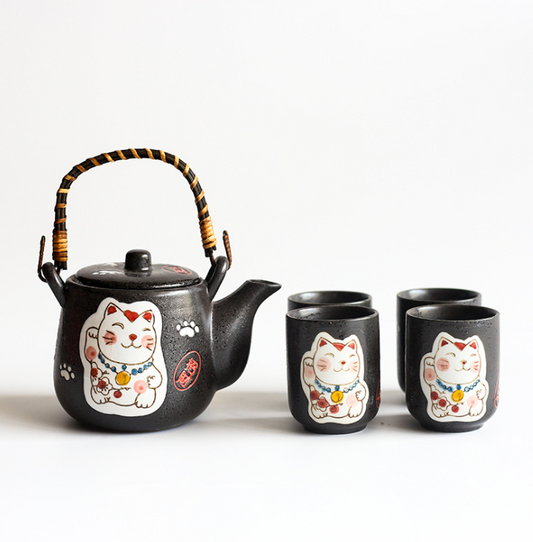 Creative Hand-painted Lucky Cat Ceramic Tea Set One Pot Four Cup Gift Set Home  Black Two