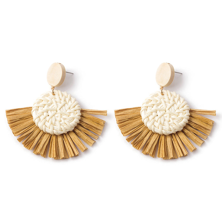 Handwoven Geometric Rattan Raffia Earrings Vintage Women