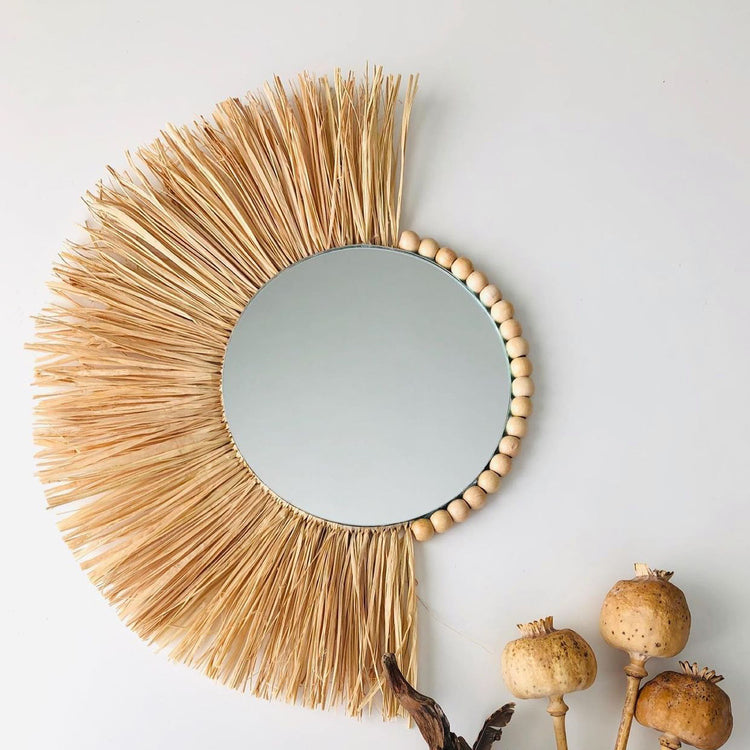 Wooden Bead And Straw Woven Mirror Background Wall Decoration Ornaments