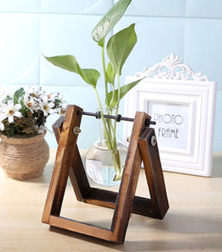 Glass Wood Vase Table Desktop Hydroponics Plant Stationery Bonsai Flower Pot Decoration Hanging Pots with Wooden Tray Pen Holder