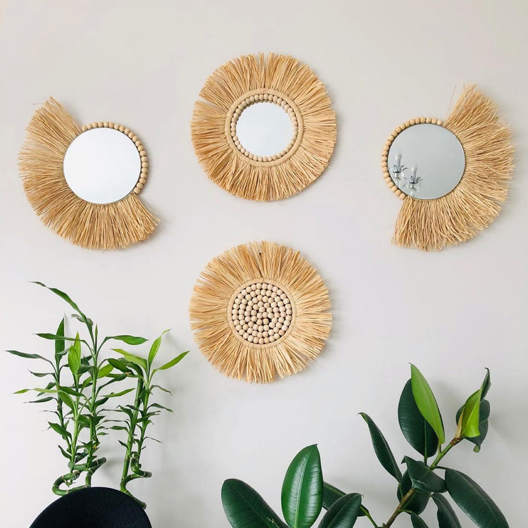 Wooden Bead And Straw Woven Mirror Background Wall Decoration Ornaments