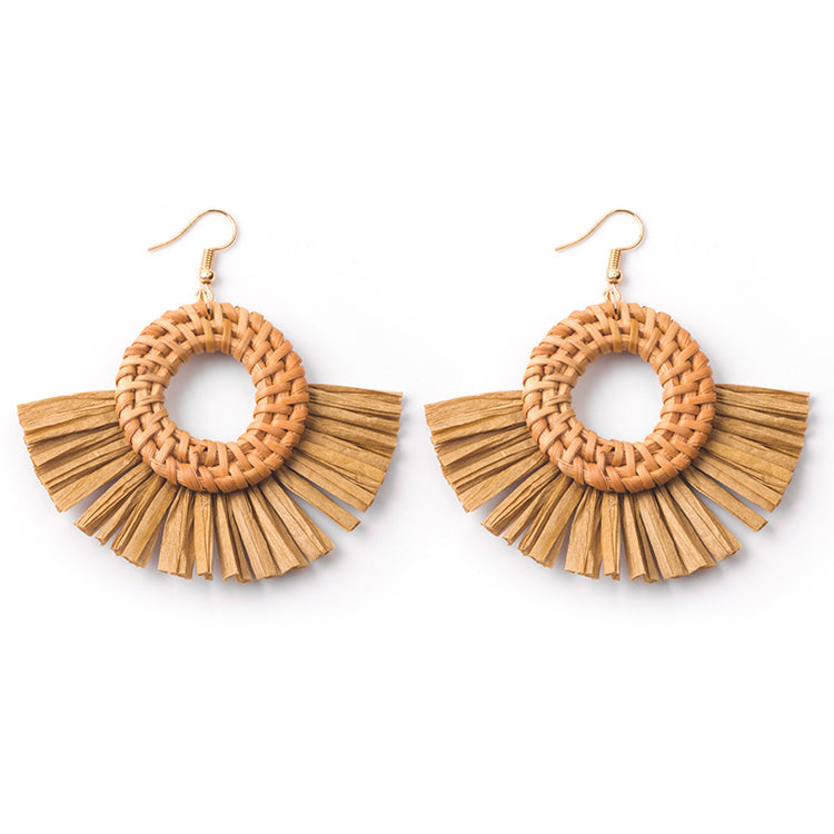 Handwoven Geometric Rattan Raffia Earrings Vintage Women