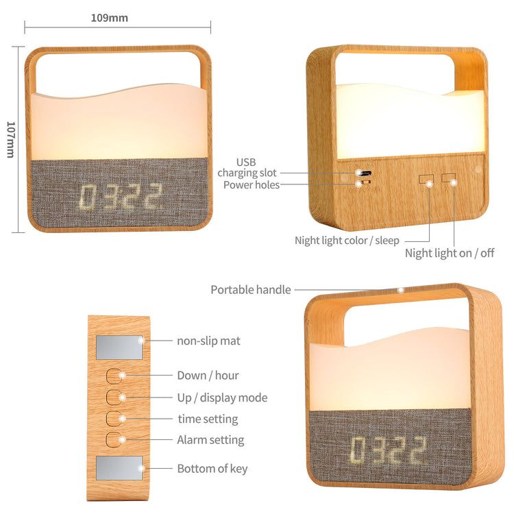 Clock Alarm Clock Wood Grain Creative Night Light Bedside Lamp Remote Control