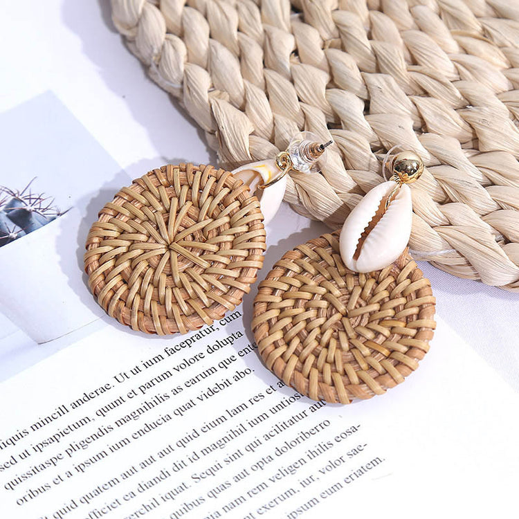 Handmade Geometric Shell Rattan Woven European And American Earrings Women's Simple Round Net Red Korean Earrings Jewelry On Behalf Of