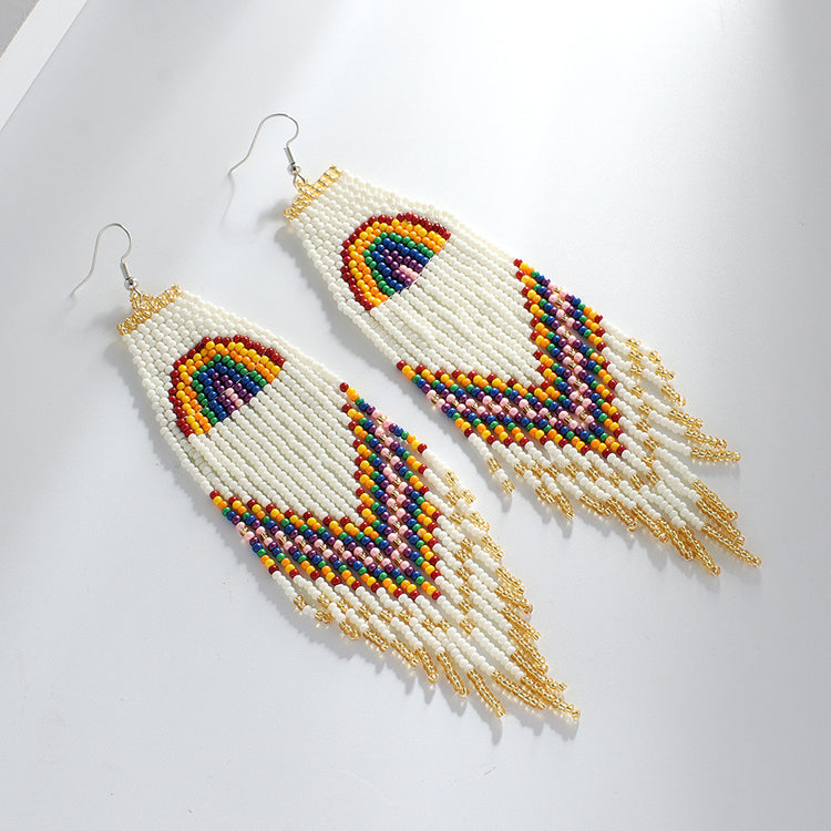 Tassel Earrings Rainbow Rice Beads Long Tassel Earrings