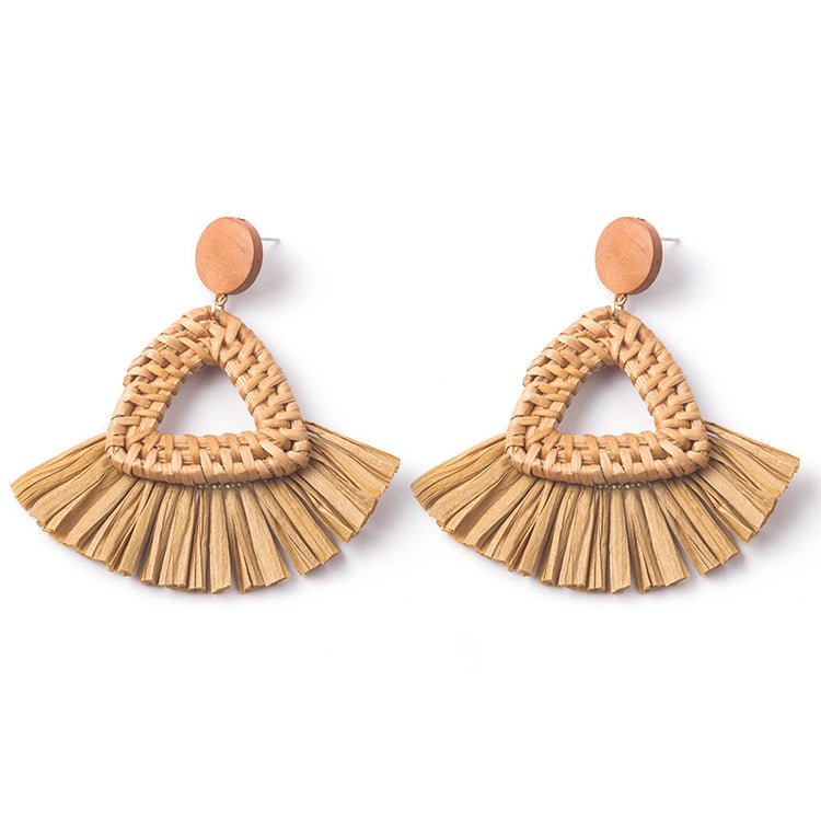 Handwoven Geometric Rattan Raffia Earrings Vintage Women