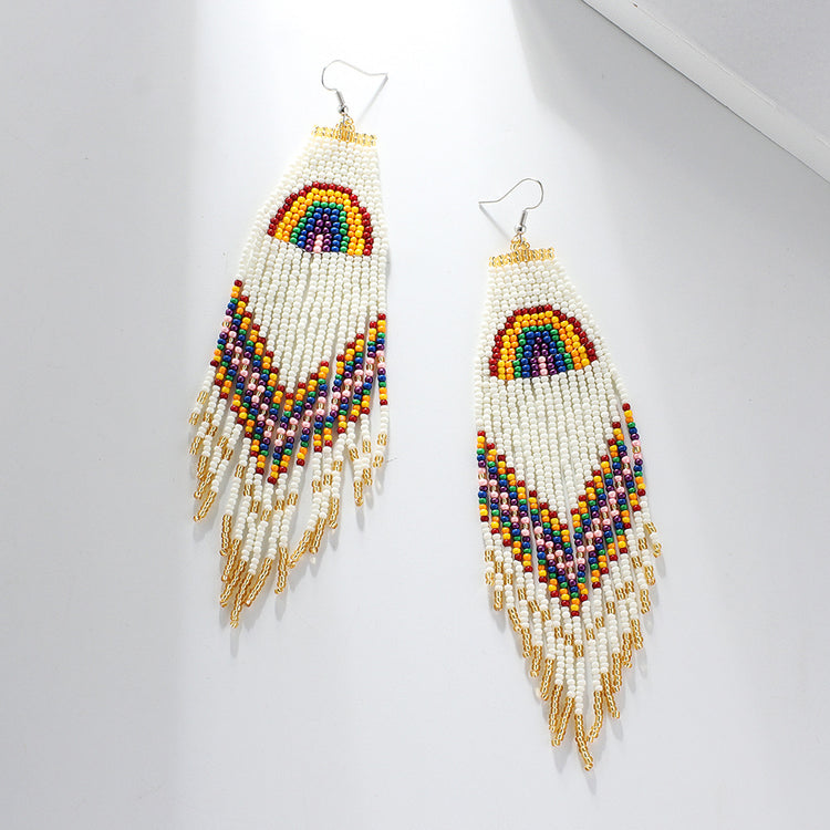 Tassel Earrings Rainbow Rice Beads Long Tassel Earrings