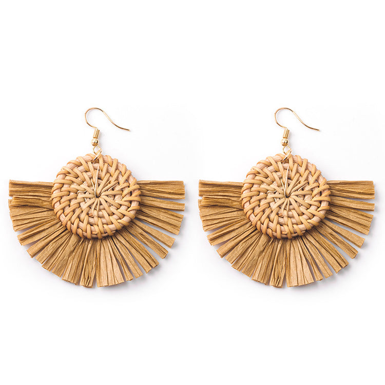 Handwoven Geometric Rattan Raffia Earrings Vintage Women