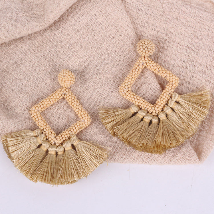 Square rice Bead Tassel Earrings