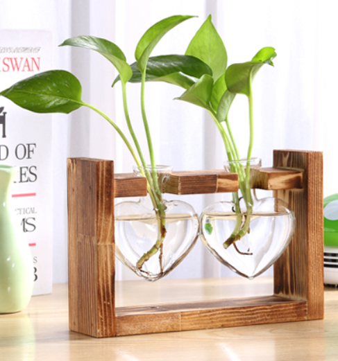 Glass Wood Vase Table Desktop Hydroponics Plant Stationery Bonsai Flower Pot Decoration Hanging Pots with Wooden Tray Pen Holder