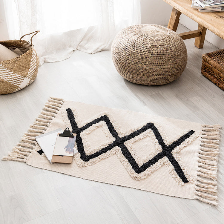 Vintage Fringed Cotton And Linen Strip Rug