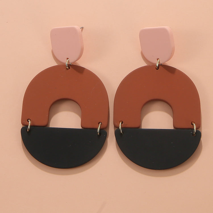 Printed Earrings Hit Color Carved Pottery Clay Hollow Arch Acrylic Ins Simple Round Earrings