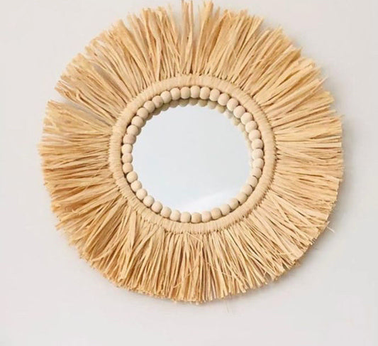 Wooden Bead And Straw Woven Mirror Background Wall Decoration Ornaments