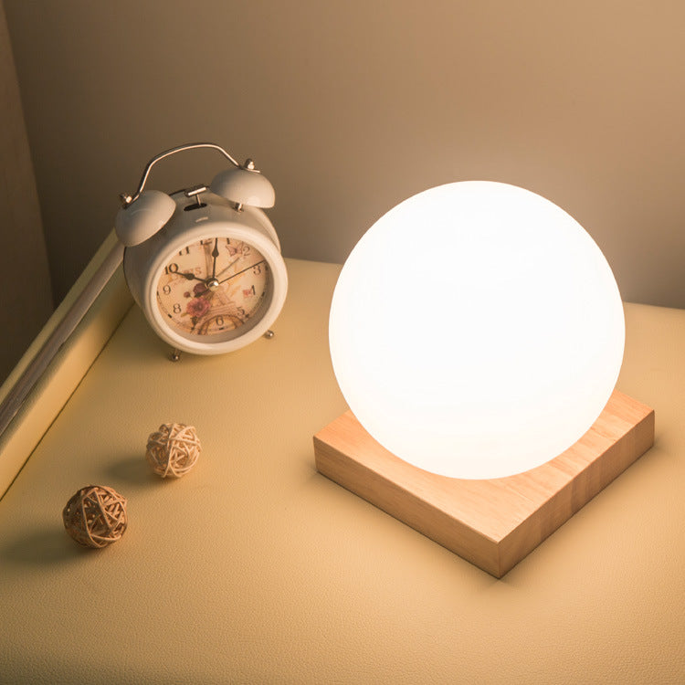 Milky White Glass Creative Dimming Ball Solid Wood Table Lamp