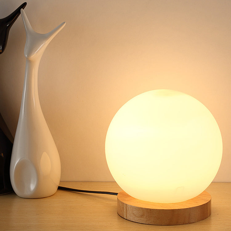 Milky White Glass Creative Dimming Ball Solid Wood Table Lamp