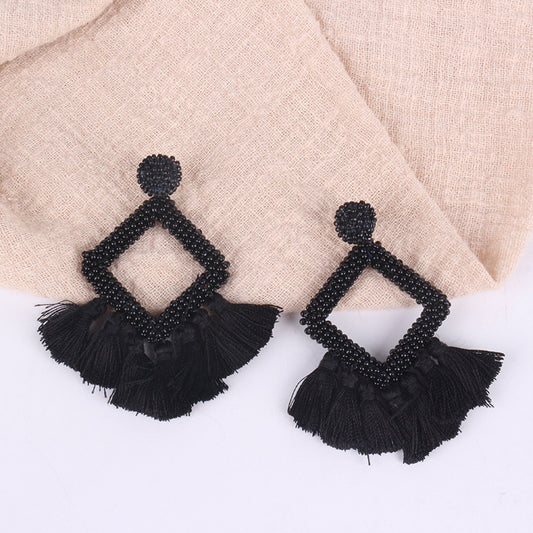 Square rice Bead Tassel Earrings