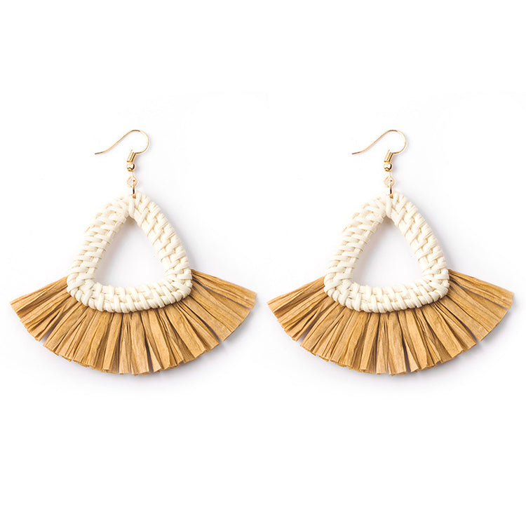 Handwoven Geometric Rattan Raffia Earrings Vintage Women