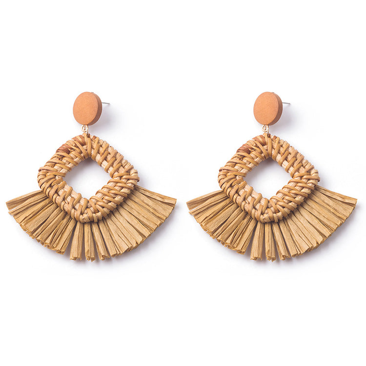 Handwoven Geometric Rattan Raffia Earrings Vintage Women