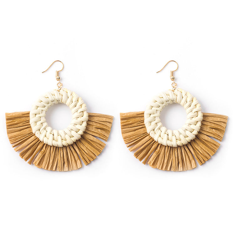 Handwoven Geometric Rattan Raffia Earrings Vintage Women