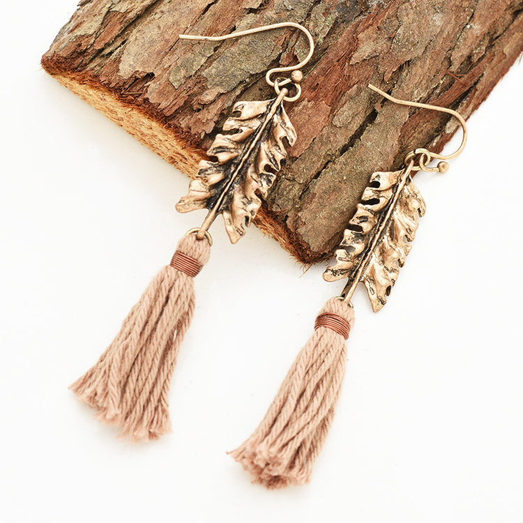 Women's long leaf tassel earrings