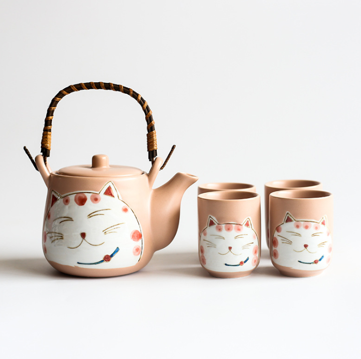 Creative Hand-painted Lucky Cat Ceramic Tea Set One Pot Four Cup Gift Set Home  Black Two