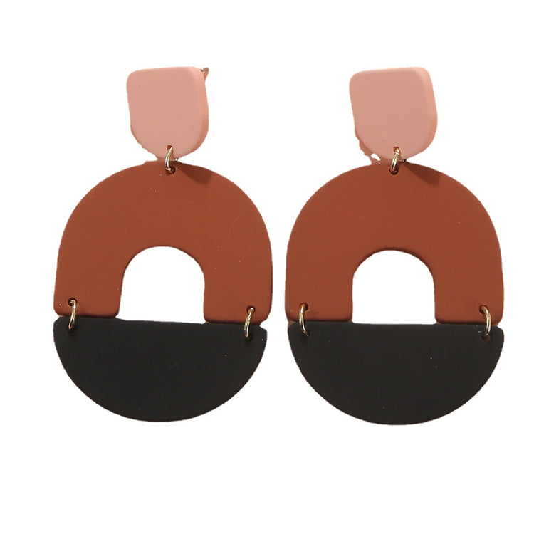 Printed Earrings Hit Color Carved Pottery Clay Hollow Arch Acrylic Ins Simple Round Earrings