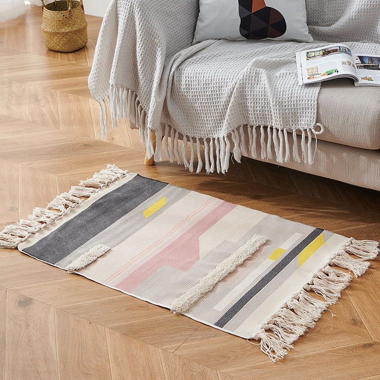 Vintage Fringed Cotton And Linen Strip Rug