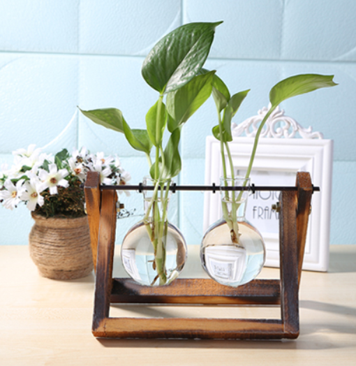 Glass Wood Vase Table Desktop Hydroponics Plant Stationery Bonsai Flower Pot Decoration Hanging Pots with Wooden Tray Pen Holder