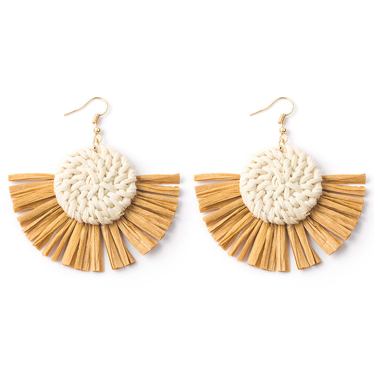 Handwoven Geometric Rattan Raffia Earrings Vintage Women