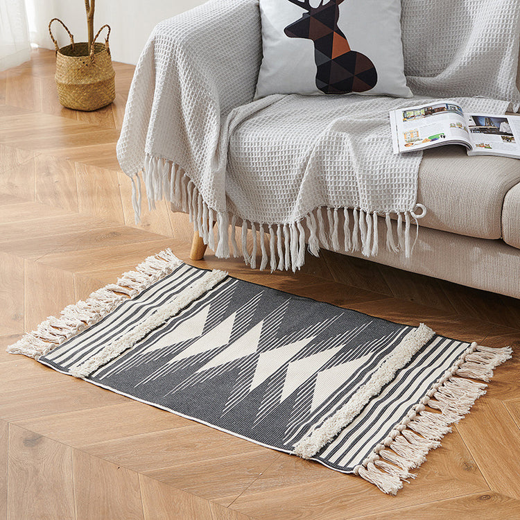 Vintage Fringed Cotton And Linen Strip Rug