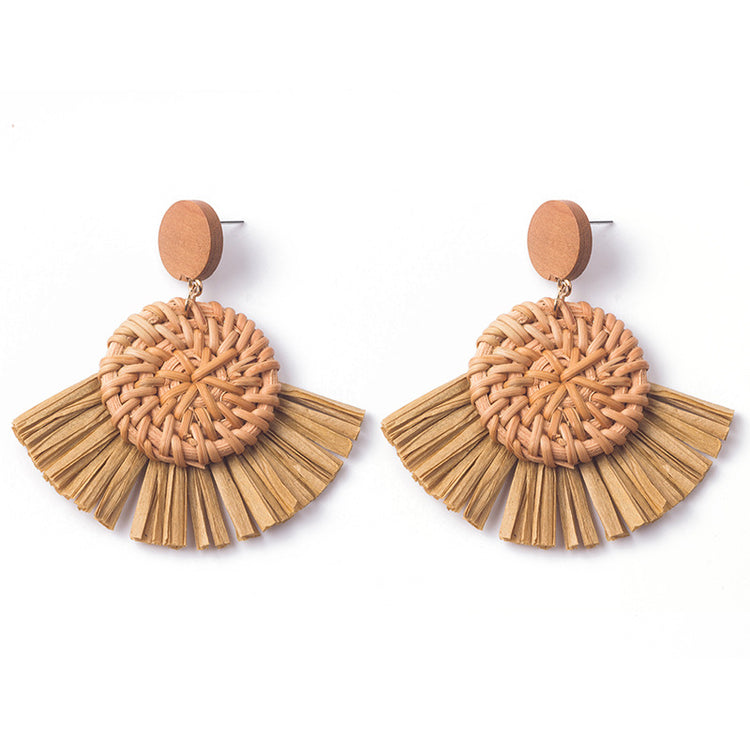 Handwoven Geometric Rattan Raffia Earrings Vintage Women