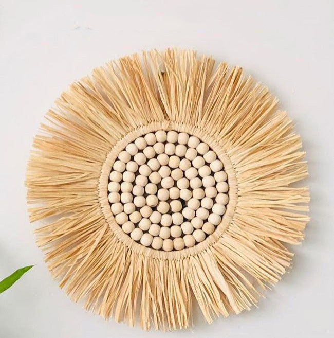 Wooden Bead And Straw Woven Mirror Background Wall Decoration Ornaments