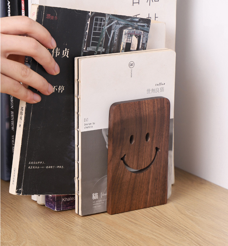 Wooden Bookends With Metal Base Heavy Duty Black Walnut Book Stand With Anti-Skid Dots For Office Desktop Or Shelves