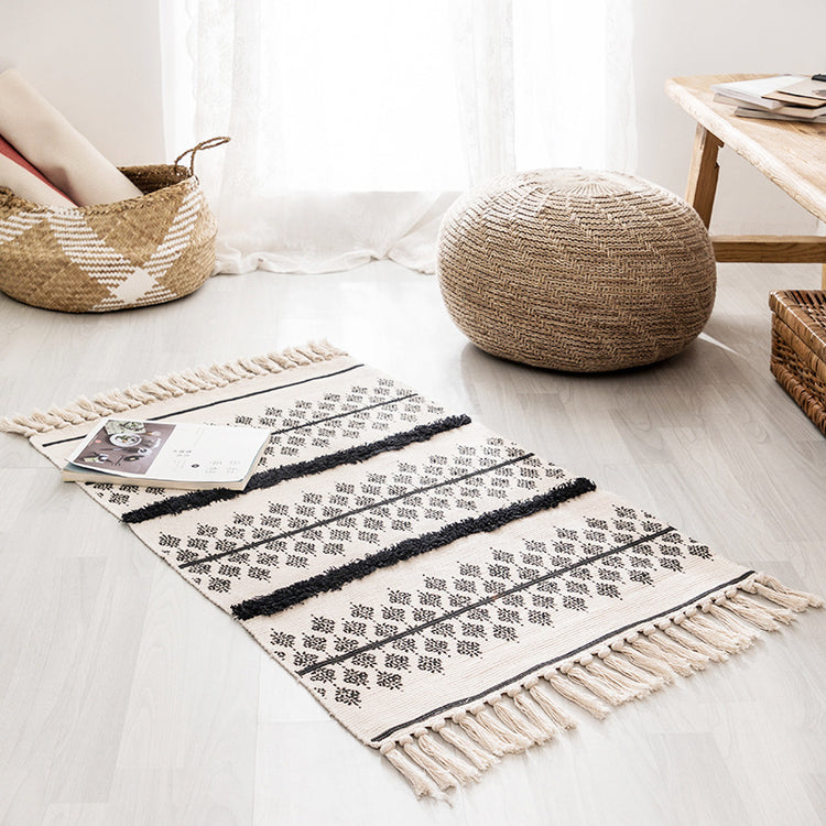 Vintage Fringed Cotton And Linen Strip Rug