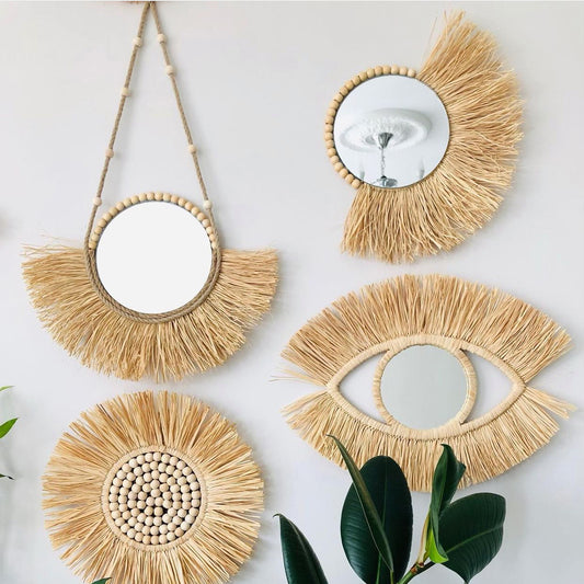 Wooden Bead And Straw Woven Mirror Background Wall Decoration Ornaments