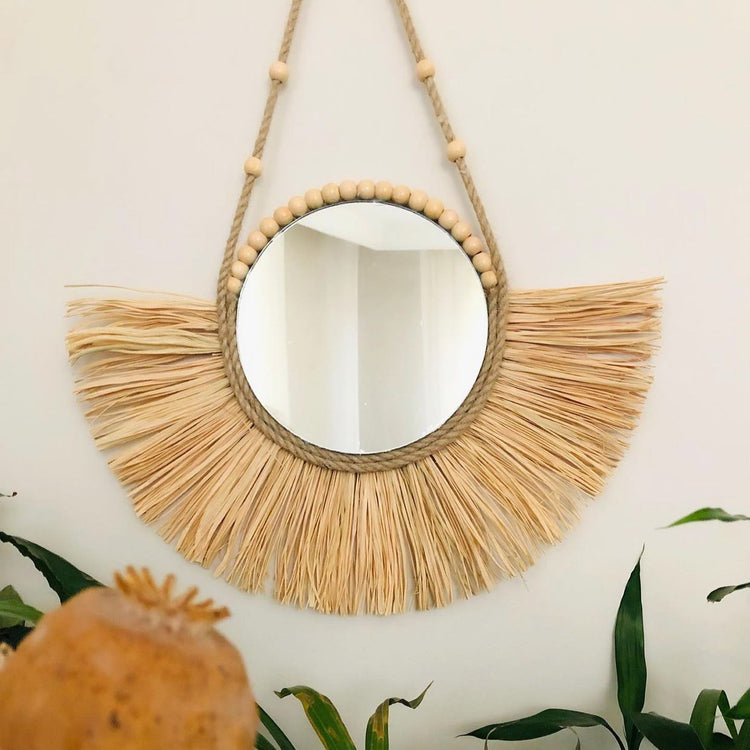 Wooden Bead And Straw Woven Mirror Background Wall Decoration Ornaments