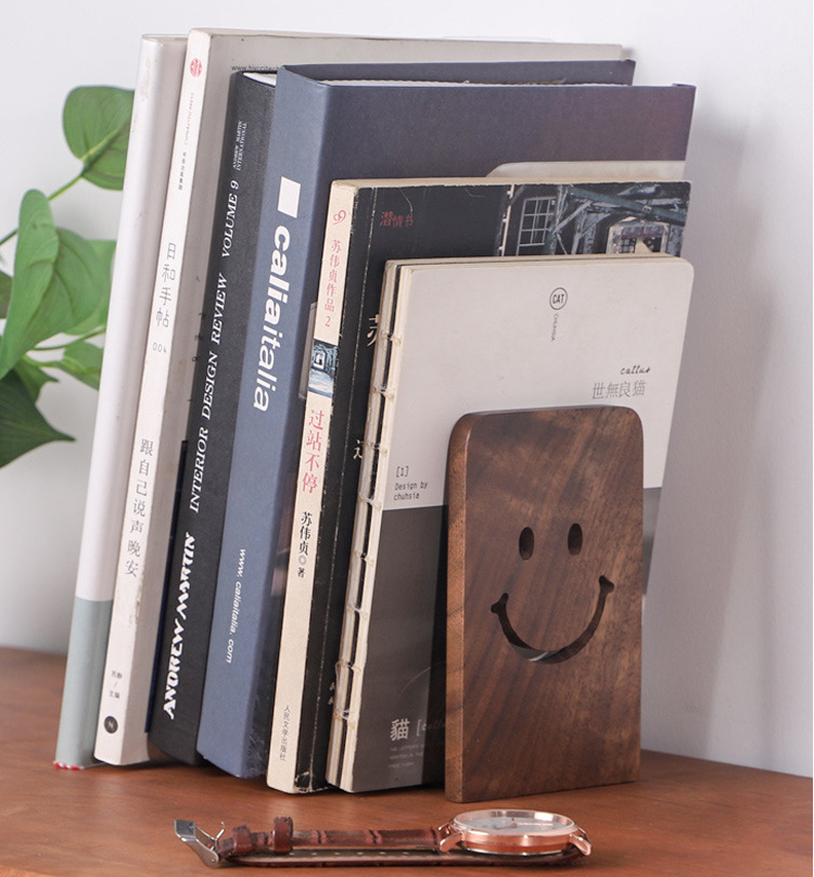 Wooden Bookends With Metal Base Heavy Duty Black Walnut Book Stand With Anti-Skid Dots For Office Desktop Or Shelves