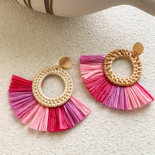 New Raffia Rattan Earrings Female Colorful Geometric Round Straw Earrings Earrings