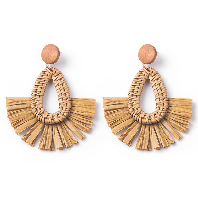 Handwoven Geometric Rattan Raffia Earrings Vintage Women