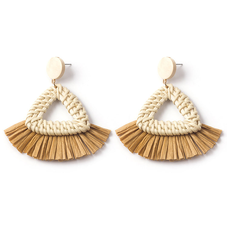 Handwoven Geometric Rattan Raffia Earrings Vintage Women