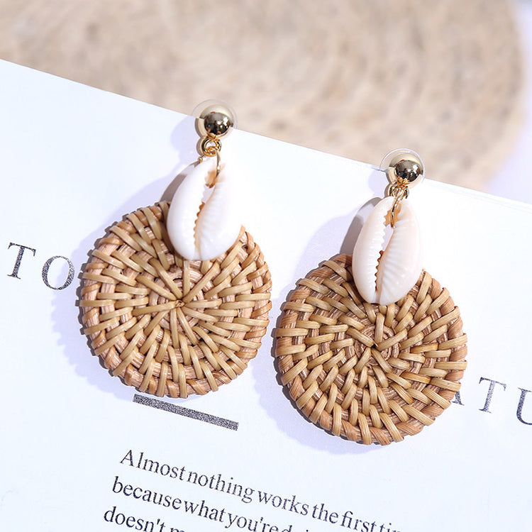 Handmade Geometric Shell Rattan Woven European And American Earrings Women's Simple Round Net Red Korean Earrings Jewelry On Behalf Of